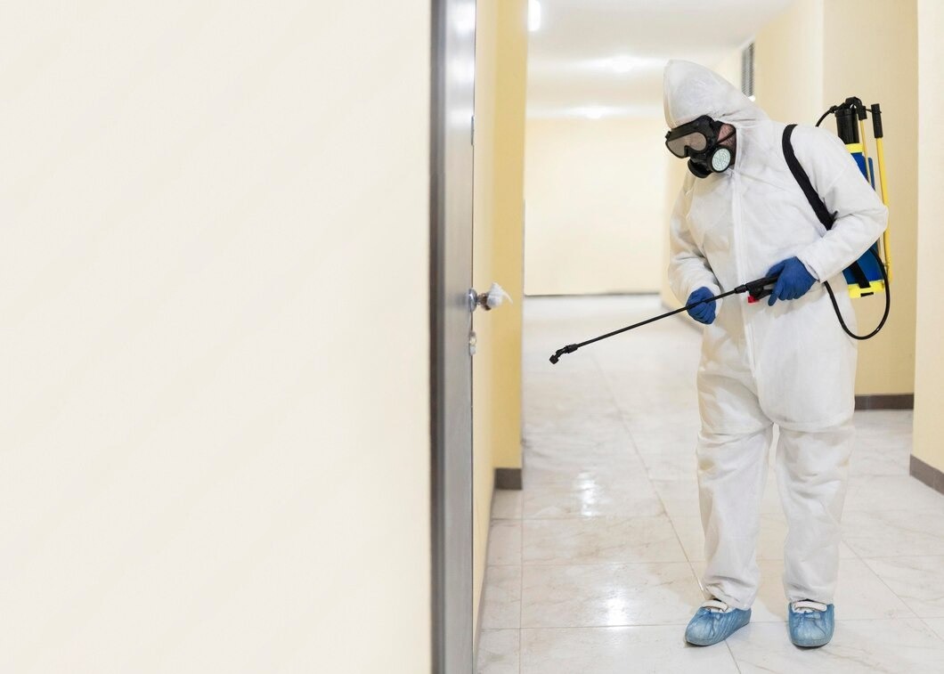 Pest control professional inspecting home interior